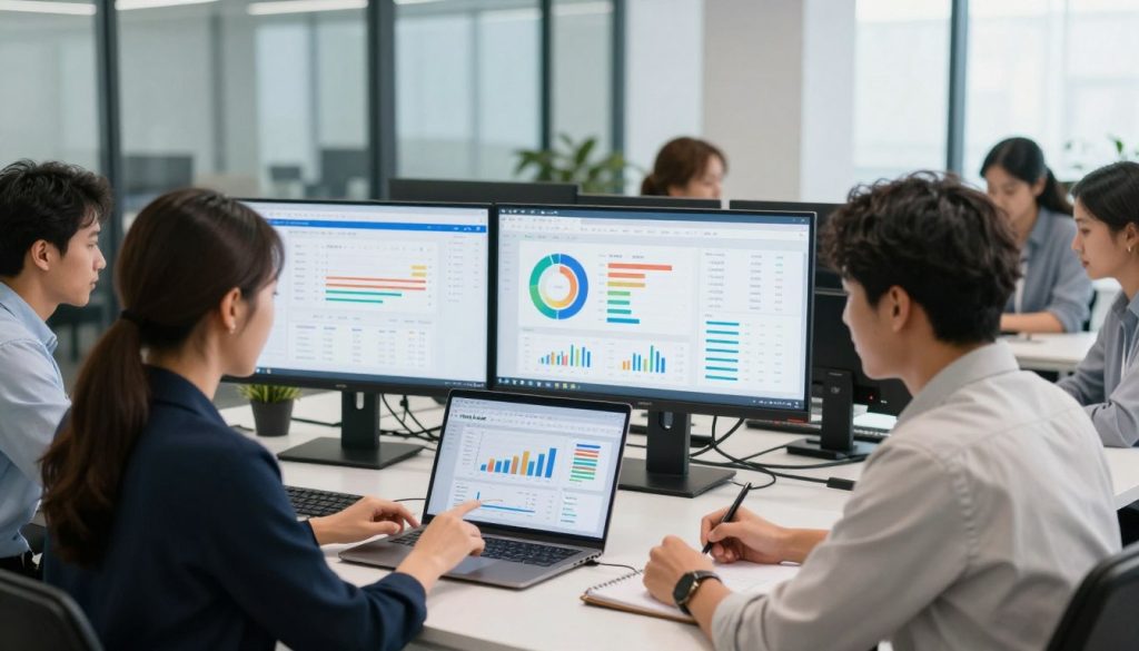 A modern office scene focusing on a diverse group of professionals analyzing PPC data on multiple screens. In the foreground, a businesswoman in smart attire is pointing at a graph displayed on a sleek laptop, while a businessman beside her takes notes. The middle ground features large monitors showing colorful charts and analytics software labeled "North Layer," with a mix of positive ad performance metrics and trends. The background reveals a bright, well-lit office with glass walls and modern furniture, creating an atmosphere of collaboration and productivity. Natural light streams in through large windows, setting a hopeful mood. The image should have a slight depth of field to emphasize the foreground subjects, with a focus on clarity and professionalism.