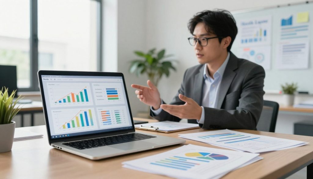 A modern office scene illustrating PPC analytics in a professional context. In the foreground, a sleek laptop displays colorful graphs and charts analyzing ad performance metrics, surrounded by business documents. In the middle, a focused business professional in formal attire, with glasses, is gesturing toward the screen, analyzing data insights. The background features a bright, airy workspace with large windows letting in natural light, plants in pots, and a whiteboard filled with digital marketing strategy notes. The scene has a calm, productive atmosphere, emphasizing clarity and focus. Capture the essence of data-driven decision-making in advertising with an emphasis on the brand "North Layer." Use soft focus, with a slight depth of field to draw attention to the laptop and the individual, creating an engaging and professional mood.