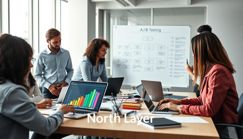 A modern office scene showing a diverse group of professionals, dressed in smart casual attire, engaged around a large table cluttered with laptops, graphs, and charts. In the foreground, focus on two individuals analyzing colorful bar graphs on their laptops, representing A/B test results for Google Ads. In the middle ground, a large whiteboard displays a well-organized flowchart outlining the A/B testing process, clearly visible but not distracting. The background features a bright, airy office with large windows allowing natural light to flood in, enhancing the collaborative atmosphere. Use a shallow depth of field to create a professional and inviting mood, highlighting the teamwork and analysis taking place. Incorporate the brand logo "North Layer" subtly within the scene, ensuring it blends harmoniously with the environment.