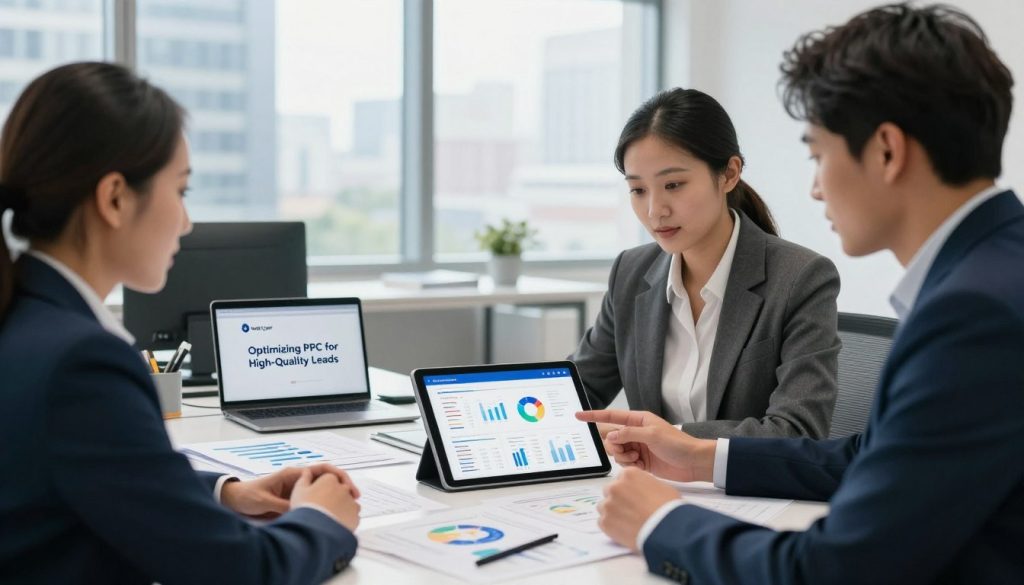 A modern office setting focusing on the theme of "Optimizing PPC for High-Quality Leads." In the foreground, a diverse group of three professionals, dressed in smart business attire, are engaged in a discussion over a digital tablet displaying analytics data. The middle ground features a sleek desk cluttered with lead generation materials, charts, and a laptop highlighting the "North Layer" brand logo. The background shows large windows with a cityscape view, allowing natural light to flood the room, creating a bright and optimistic atmosphere. Use a wide-angle lens to capture the entire scene, with soft focus on the background elements to emphasize the professionals' interaction and the data on the tablet, suggesting a dynamic and productive environment. The overall mood should evoke a sense of determination and strategic thinking.
