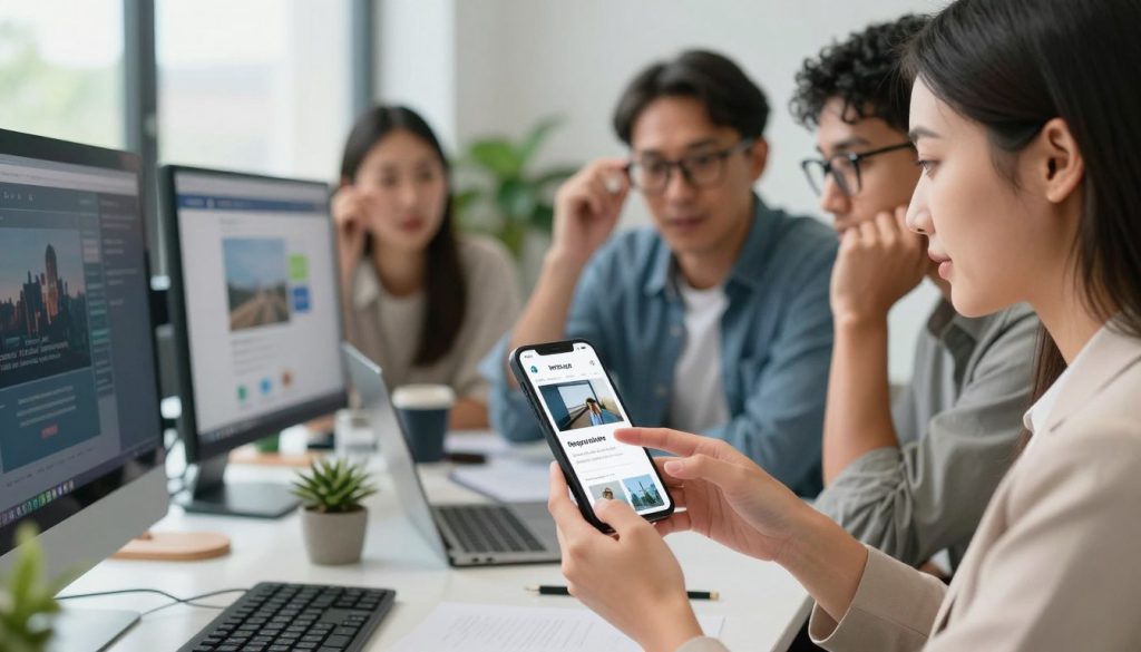 A modern office setting showcasing a diverse group of four professionals, focusing intently on a smartphone displaying a responsive website design. In the foreground, a close-up of the hands of a young woman in business attire, interacting with the mobile screen. In the middle ground, a middle-aged man in a smart-casual outfit points at the smartphone, while another colleague, a young man, observes with interest, adjusting his glasses. The background features a bright, airy workspace with computer monitors, plants, and a large window letting in natural light, creating an inspiring atmosphere. The image should convey a sense of collaboration and innovation, emphasizing the importance of mobile compatibility in web design. Include the logo of "North Layer" subtly integrated into the smartphone screen.
