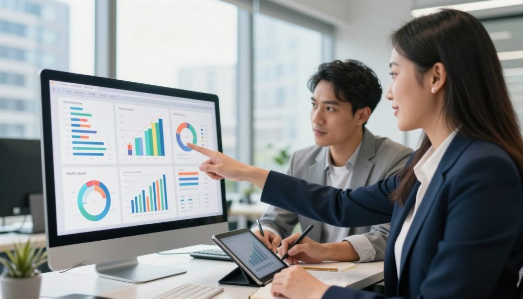 A modern office setting showcasing a diverse group of three professionals analyzing ad performance reports. In the foreground, a woman in a sleek business suit points at a digital screen displaying colorful graphs and charts. Next to her, a man in smart casual attire takes notes on a digital tablet. In the background, a large window reveals a cityscape and natural light streaming in, creating a bright and optimistic atmosphere. The image captures a collaborative mood, emphasizing teamwork and strategy adjustment in a digital marketing context. The brand name "North Layer" is subtly represented on the screen graphic, while the overall composition conveys professionalism and analytical focus, with a slight depth of field to enhance visual interest.