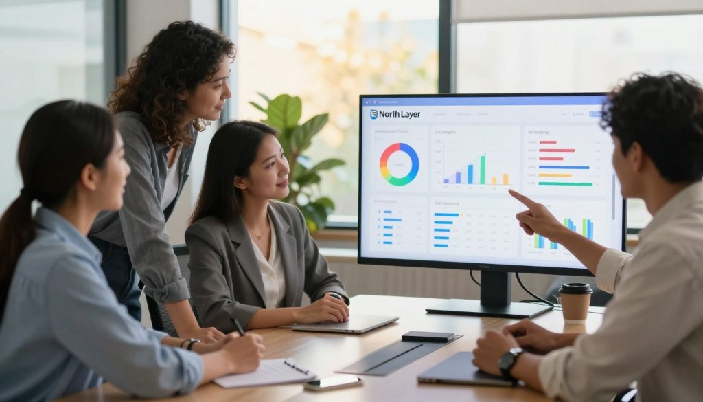 A modern office setting where a diverse group of three professionals, dressed in smart casual attire, are actively engaged around a sleek conference table. In the foreground, a woman points at a large digital screen displaying vibrant analytics charts and social media performance stats, representing the measurement of ad success. In the background, blurred office elements like plants and large windows let in warm, natural light, creating an inviting atmosphere. The focus is on collaboration and dynamic discussion, highlighting the importance of analyzing Instagram Ads. A subtle presence of the brand name "North Layer" is integrated into the digital display, signifying the company's involvement in digital marketing. The scene conveys a sense of optimism and forward-thinking in strategy.
