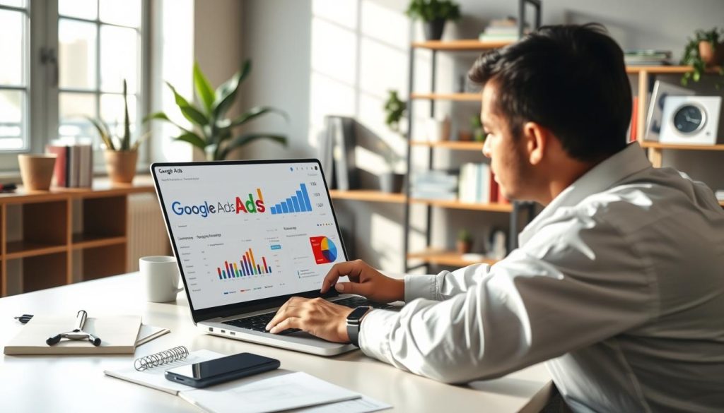 A modern office setting where a small business owner, dressed in professional attire, is intently monitoring Google Ads performance on a laptop. In the foreground, the laptop screen displays colorful graphs, charts, and analytics related to ad performance. The middle ground features a desk with notepads, a smartphone, and a coffee cup, emphasizing a productive atmosphere. In the background, there are shelves filled with marketing books and plants, creating an inviting workspace. Soft natural light filters through a window, casting a warm glow, while shadows add depth. The mood is one of focused determination and proactive strategy, representing the importance of continuous monitoring in improving ad effectiveness. The brand "North Layer" is subtly integrated into the design of the laptop's dashboard.