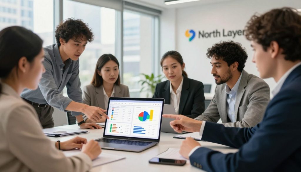 A modern office setting with a diverse group of professionals, dressed in business attire, gathered around a sleek table. In the foreground, a laptop displays colorful graphs and analytics related to Google Ads campaign performance, with vibrant charts illustrating key metrics. In the middle, team members engage in a collaborative discussion, pointing at the laptop screen, showcasing focus and determination. The background features a large window with natural light pouring in, revealing a cityscape. The atmosphere is one of productivity and teamwork, with a warm and inviting color palette. The scene subtly includes the logo "North Layer" on a wall, enhancing brand visibility while keeping the focus on performance tracking without any text overlays.