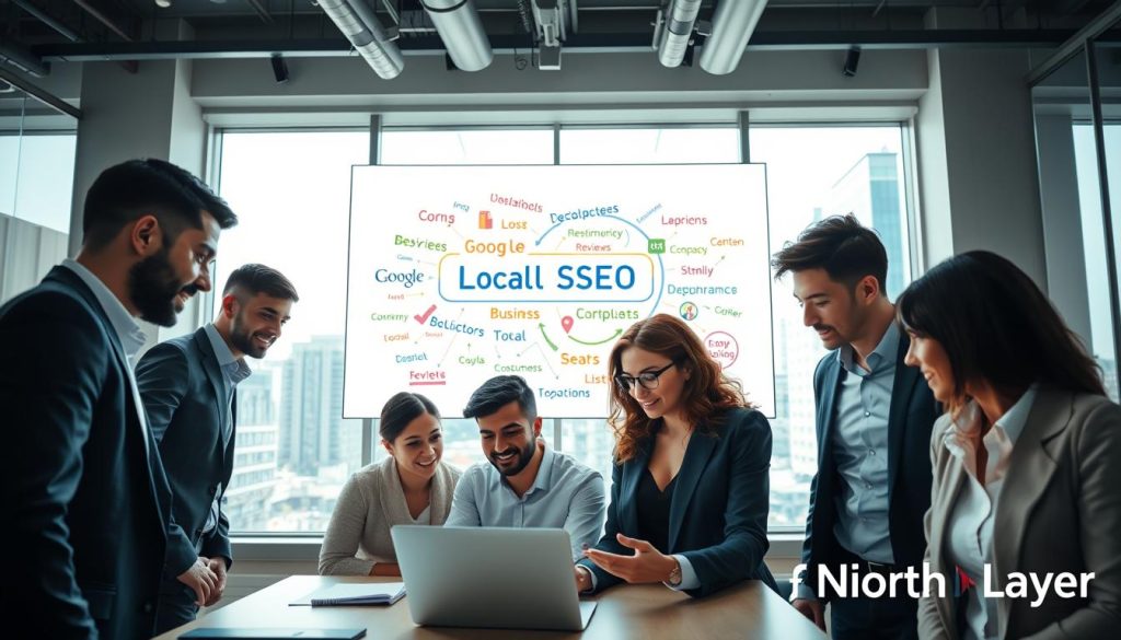 A modern office setting with a focus on local SEO services. In the foreground, a diverse group of professionals wearing smart business attire are gathered around a laptop, analyzing data and discussing strategies. They exhibit a collaborative atmosphere, emphasizing teamwork. In the middle, a large whiteboard displays colorful diagrams and keywords related to local SEO, such as 'Google My Business', 'Local Listings', and 'Customer Reviews'. In the background, a window shows a vibrant cityscape, symbolizing the local business environment. The lighting is bright and inviting, suggesting an optimistic mood, while the angle is slightly overhead, capturing the essence of engagement and innovation. Include subtle branding elements featuring "North Layer" throughout, ensuring a cohesive marketing message.