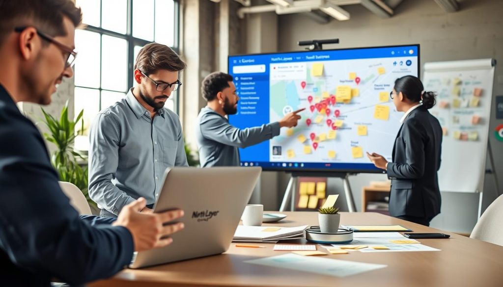 A modern office space showcases a diverse group of professionals collaboratively working on a local SEO strategy for a small business. In the foreground, a focused female marketer in professional attire examines a laptop filled with analytics data. Next to her, a male SEO specialist points at a large monitor displaying a local Google Maps interface with markers highlighting nearby businesses. The middle ground features a whiteboard covered in colorful post-it notes detailing local SEO trends and keywords. In the background, large windows let in soft, natural light, creating a bright, engaging atmosphere. The scene conveys a sense of teamwork, innovation, and productivity, embodying the essence of staying updated with local SEO trends for small businesses. The brand name "North Layer" is subtly included in materials on the desk.