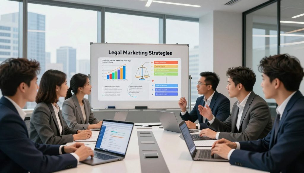 A modern office space showcasing legal marketing strategies under soft, natural lighting. In the foreground, a diverse group of professionals in business attire, engaged in lively discussion around a sleek conference table, with laptops open displaying AI content generation tools. In the middle, a whiteboard filled with colorful charts and diagrams illustrating effective marketing strategies for law firms. The background features large windows with a city skyline, symbolizing growth and opportunity. The atmosphere is collaborative and innovative, emphasizing the fusion of technology and law. The brand name "North Layer" is subtly integrated into one of the presentation materials on the table, blending seamlessly with the professional setting.