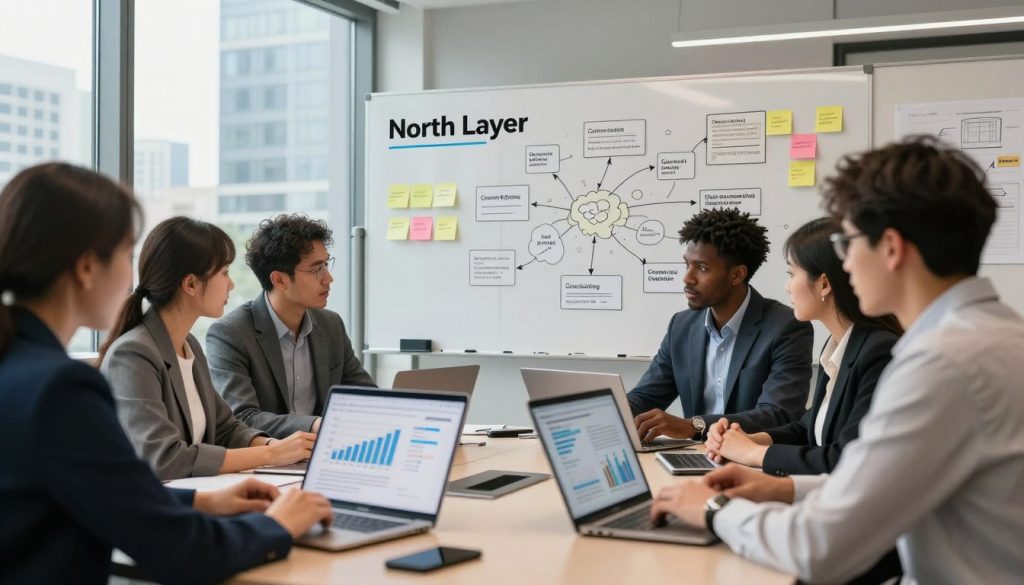 A modern office workspace depicting an engaging content strategy session for "North Layer". In the foreground, a diverse group of professionals, dressed in smart business attire, collaborates over laptop screens displaying graphs and competitive analysis charts. The middle ground features a large whiteboard filled with sticky notes, outlines of content ideas, and mind maps connecting various topics relevant to content marketing. The background shows a sleek cityscape through large windows, with soft natural light filling the room. The atmosphere is focused yet dynamic, conveying a sense of innovation and teamwork, symbolizing the importance of examining competitor content marketing in the digital landscape.