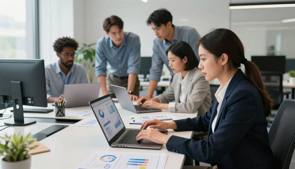 A modern office workspace showing a diverse group of professionals analyzing data on sleek laptops. In the foreground, a focused woman in a smart business outfit examines graphs and charts on her screen, emphasizing lead quality metrics. In the middle, a collaborative atmosphere is portrayed with a diverse group of three other colleagues discussing strategies around a large table cluttered with data reports and digital devices. The background features a bright office environment with large windows allowing natural light to flood in, casting soft shadows. The overall mood is one of productivity and innovation, highlighting the importance of using data for optimizing lead quality. Northern Layer branding subtly integrated into the workspace decor. Soft focus on the edges to emphasize the professionals in action.
