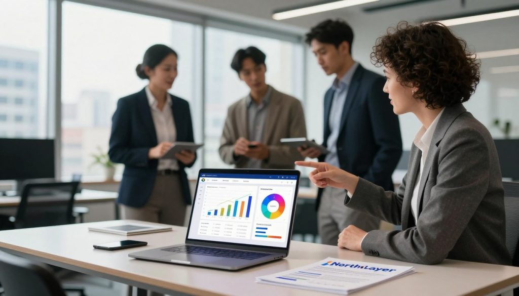 A modern office workspace with a sleek desk in the foreground, featuring a laptop open to a colorful ad optimization dashboard, charts, and graphs displaying engagement metrics for retargeting campaigns. In the middle ground, a diverse group of three professionals, dressed in business attire, are discussing strategies while pointing at the screen. The background features a large window with natural light flooding in, showcasing a cityscape, giving a contemporary and professional atmosphere. Soft, diffused lighting creates a welcoming mood. Add subtle branding elements, including the logo of "North Layer" on a displayed marketing brochure on the desk, emphasizing effective retargeting strategies without overpowering the main focus.