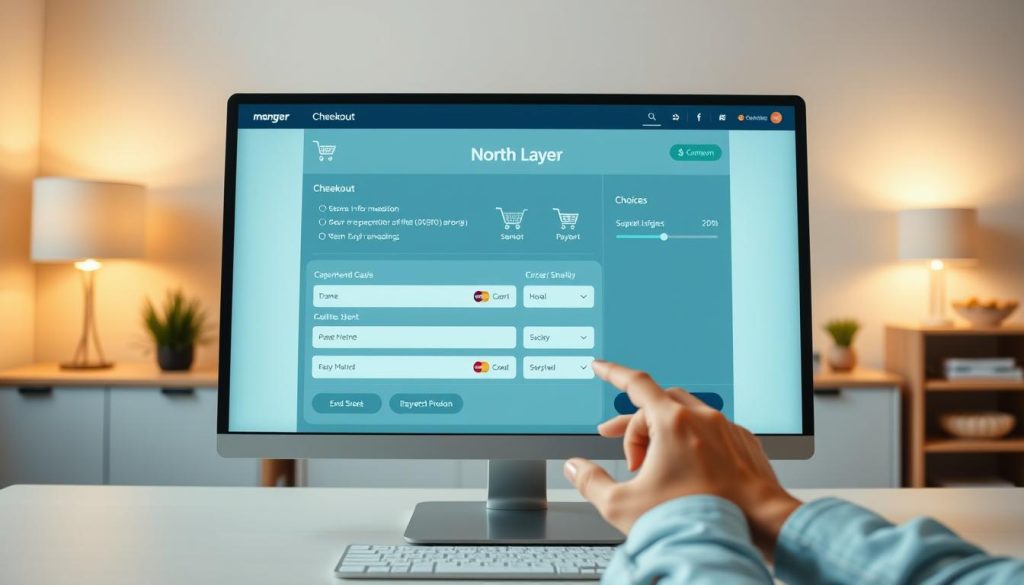 A modern online checkout interface displayed on a sleek computer screen, emphasizing a user-friendly design with clear, easy-to-navigate buttons and fields. In the foreground, a user's hands are shown interacting with the checkout process, entered information clearly visible but not legible. In the middle, graphic elements like shopping cart icons, payment method choices, and a progress bar illustrate seamless flow. The background is a softly lit, minimalistic workspace, evoking a professional and efficient atmosphere. Warm, inviting lighting creates a sense of simplicity and comfort. The brand name "North Layer" subtly incorporated into the design elements without being dominant. Aim for a clean, modern aesthetic that conveys ease and reliability in the online shopping experience.