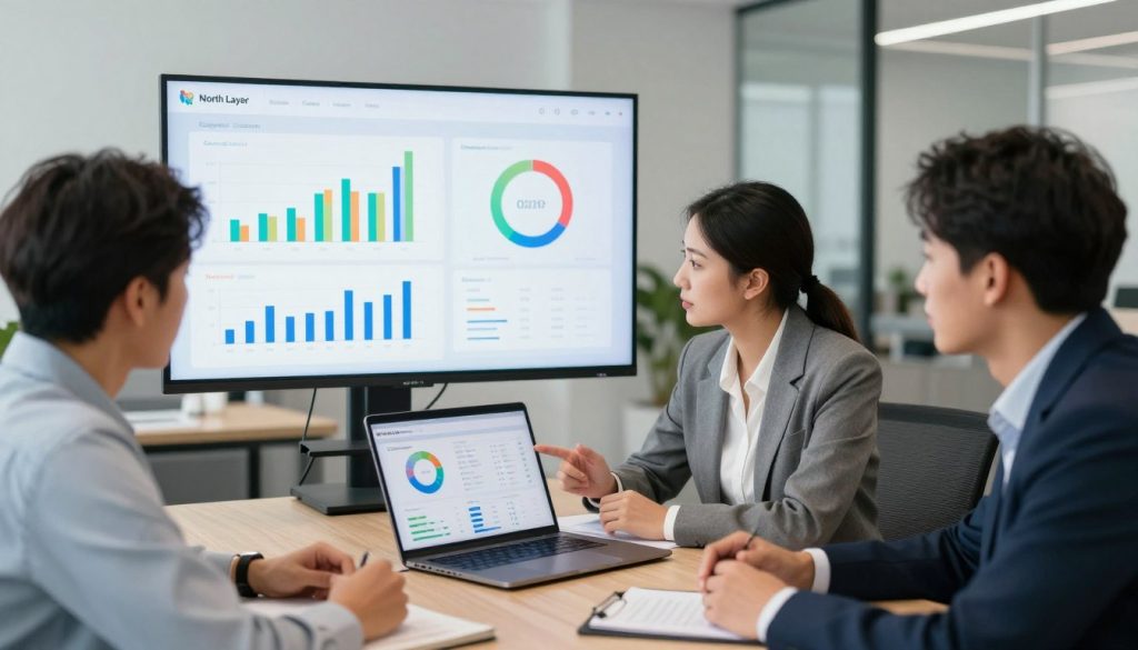 A modern, professional office setting focused on audience targeting in Microsoft Ads. In the foreground, a diverse group of three business professionals, dressed in business attire, engaged in a brainstorming session. The central figure, a woman, is analyzing data on a sleek laptop displaying audience insights. The middle-ground shows a large digital screen with colorful graphs and charts reflecting audience demographics and targeting strategies. The background features a contemporary office space with subtle branding of "North Layer". Soft, natural lighting enhances the atmosphere, giving a productive and collaborative feel. The camera angle is slightly elevated, capturing the dynamics of the team in action while maintaining a clean, organized look with no distractions.