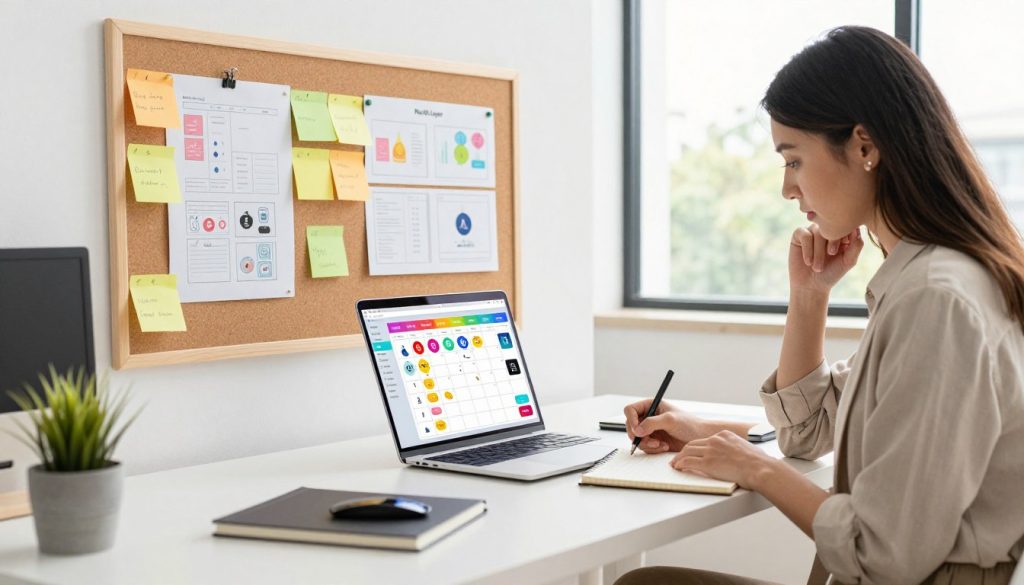 A modern, professional social media strategy planner scene, featuring a sleek desk with a laptop displaying a colorful content calendar and various social media icons. In the foreground, a focused young woman in smart casual attire is thoughtfully jotting down ideas on a notepad. The middle space includes a bulletin board with sticky notes and strategy diagrams pinned up, evoking a sense of organized chaos, typical of creative planning. The background shows a bright, airy office space with natural light pouring in through large windows, giving an inspiring, productive atmosphere. The color palette is vibrant yet sleek, with accents of the brand "North Layer" subtly incorporated throughout the workspace. The composition should be well-lit, highlighting the details of the planner and the person's engagement with the content.