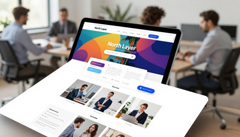 A modern, sleek website layout for a startup, showcasing a clean homepage design emphasizing fast load times and optimal performance. In the foreground, a well-organized grid of website elements including eye-catching buttons, streamlined navigation, and engaging visuals. In the middle, a computer screen displays the "North Layer" website, featuring vibrant graphics and informative sections, all designed for clarity. In the background, an office setting with professionals in business attire collaborating, encapsulating a productive atmosphere. Soft, natural lighting illuminates the scene, creating a workspace that feels inviting yet focused. The angle is dynamic, slightly from above, to convey a sense of innovation and efficiency without any text or branding overlays.