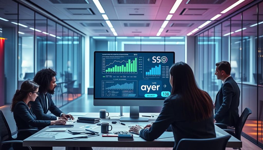 A modern, sleek workspace featuring a computer monitor displaying analytical graphs, SEO tools, and coding snippets symbolizing technical foundations for website ranking. In the foreground, a diverse group of professionals in smart business attire collaborates around a table strewn with digital marketing materials. In the middle, the glowing monitor showcases keywords and web performance metrics, with an overlay of server icons and website blueprints. The background illustrates a futuristic office environment with glass walls and soft, ambient lighting that conveys a sense of innovation and focus. The atmosphere is dynamic and collaborative, aiming to represent a blend of technology and strategy. Include the brand name "North Layer" subtly integrated into the digital elements without being overt.