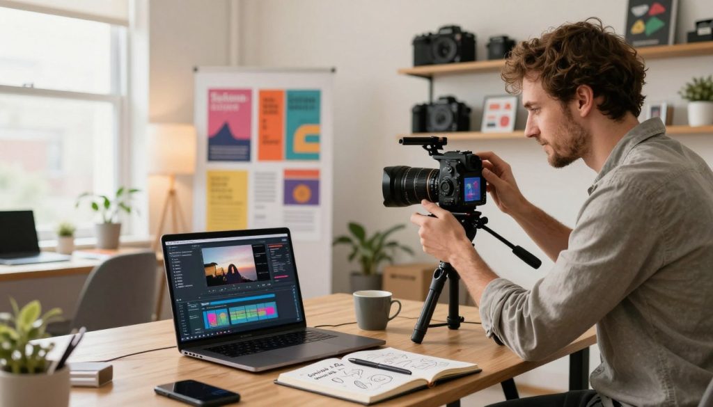 A modern small business video production setup in a cozy, well-lit office space. In the foreground, a professional filmmaker in business attire, focused on adjusting a camera on a tripod, capturing vibrant video content. On a table nearby, a laptop displays video editing software, with an open notebook filled with marketing ideas. In the middle, a backdrop with colorful posters and soft lighting suggests a creative atmosphere. In the background, shelves lined with production gear and promotional materials hint at the business's offerings. The mood is energetic and inspiring, showcasing a collaborative spirit. Natural light streams in through a window, creating a warm ambiance. Include the brand name "North Layer" subtly displayed on the laptop screen.