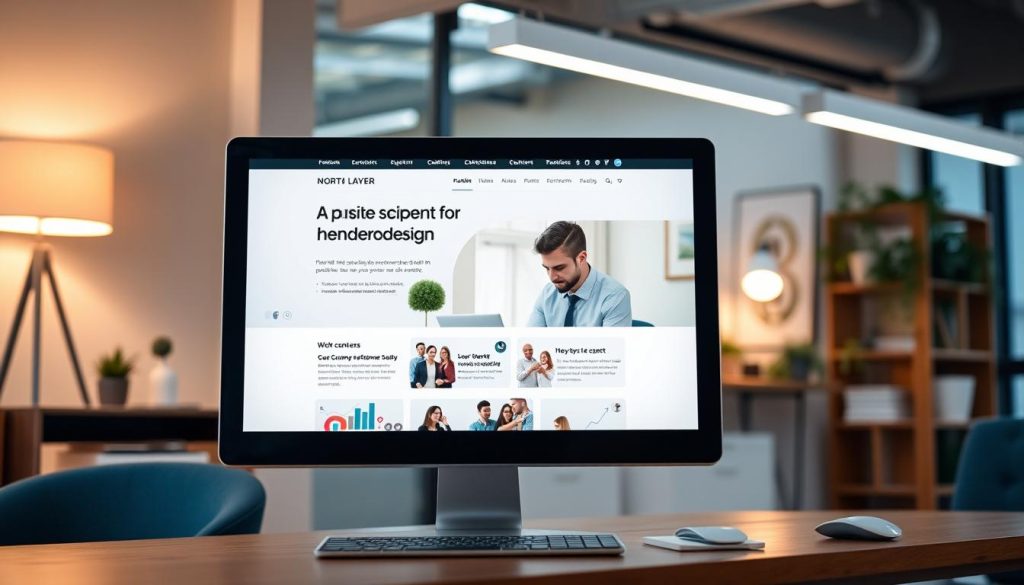 A modern small business website design displayed on a sleek computer screen. In the foreground, the screen shows a visually appealing website layout featuring clear navigation and engaging content blocks, including images and customer testimonials. The middle layer features a well-organized workspace with a professional individual in smart casual attire, intently working on the laptop, analyzing data and website performance metrics. The background displays a stylish office environment with minimalistic decor, including plants and motivational artwork. The scene is illuminated with warm, soft lighting to create an inviting atmosphere, conveying professionalism and creativity. The overall mood is focused and dynamic, reflecting the importance of content in converting visitors into customers. Include branding elements for "North Layer" subtly within the design on the computer screen.