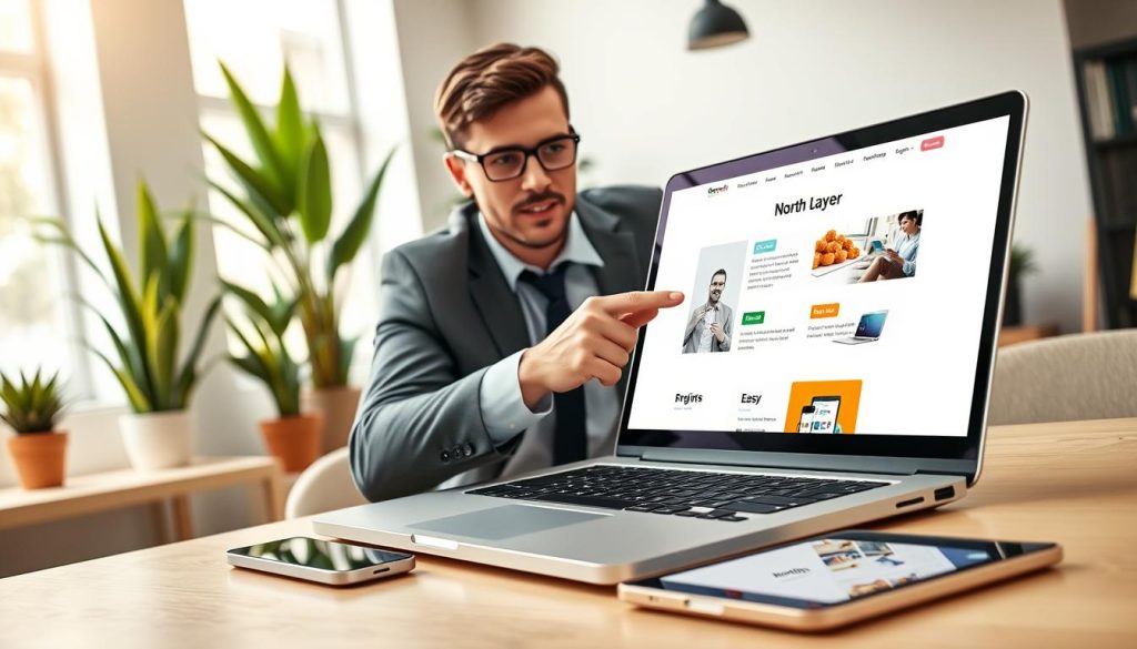 A modern small business website design setup featuring a clean, user-friendly interface displayed on a sleek laptop. In the foreground, a professional in smart casual attire, analyzing the website on the screen, pointing at key sections with a focused expression. The middle ground showcases various design elements, such as vibrant call-to-action buttons and an easy navigation bar, while a digital tablet rests nearby, displaying mobile-responsive views. In the background, a bright, airy office space with potted plants and contemporary furniture creates a welcoming atmosphere. Soft, natural lighting highlights the workspace, evoking a sense of productivity and creativity. Include the brand name "North Layer" prominently on the laptop screen, emphasizing attention to website branding and design aesthetics.