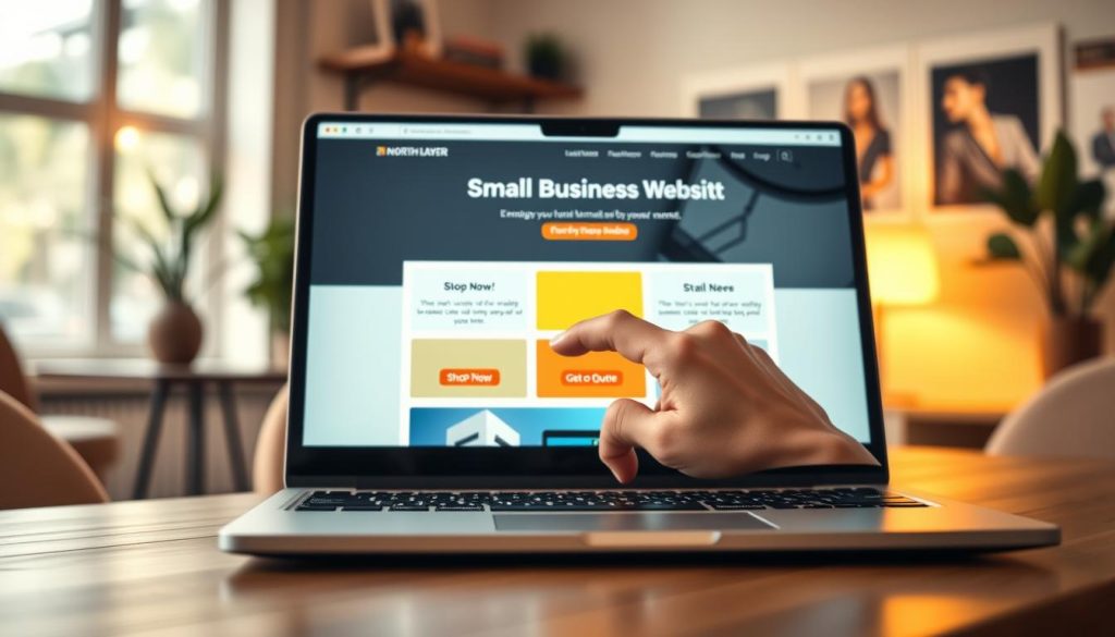 A modern small business website interface displayed on a sleek laptop, prominently showcasing clear calls to action. The foreground features a hand interacting with the screen, illustrating user engagement. In the middle, vibrant sections of the website design highlight buttons like "Shop Now" and "Get a Quote," with contrasting colors for visibility. The background shows a stylish, cozy office environment with a soft focus on warm, natural lighting, enhancing the professional atmosphere. The laptop is positioned at a slight angle, inviting viewers in with a wide lens perspective. Overall, the mood is energetic and welcoming, capturing the essence of an effective small business website designed by North Layer, emphasizing usability and customer conversion.