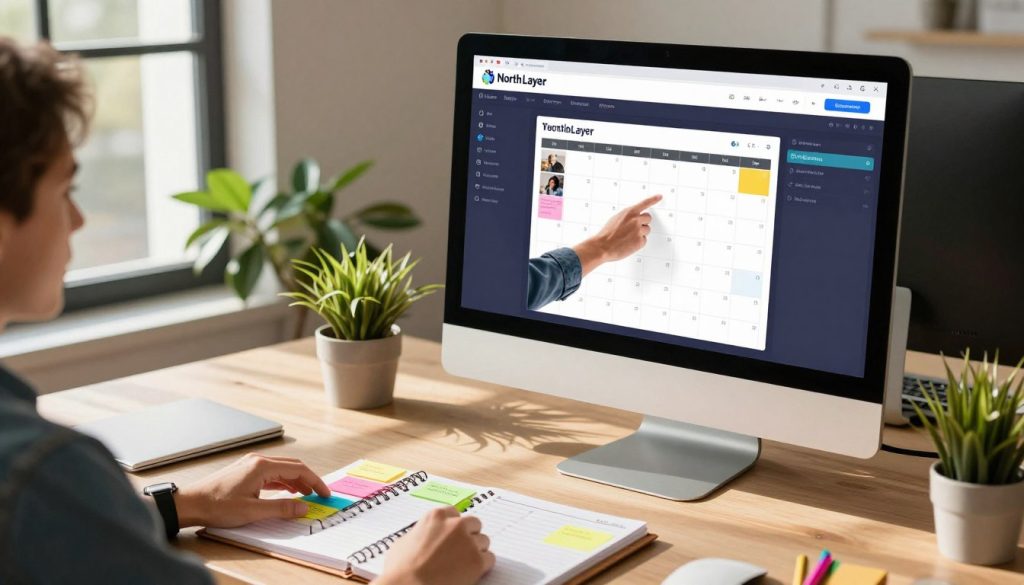 A modern workspace featuring a sleek desktop with a computer screen displaying a vibrant social media scheduling tool interface. In the foreground, a beautifully organized planner with sticky notes and colorful pens creates a lively atmosphere. The middle layer shows a focused professional in smart casual attire, analyzing the content calendar, surrounded by a few plants for a fresh touch. The background includes a large window letting in warm natural light, casting soft shadows. The mood is productive and inspiring, emphasizing efficiency and creativity. Include the brand name "North Layer" subtly integrated into the design elements of the scheduling tool on the screen. The overall composition evokes a sense of organization and strategic planning.