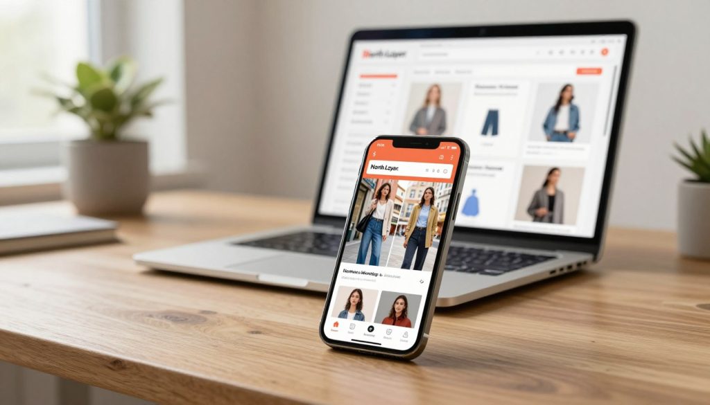 A modern workspace showcasing a smartphone displaying dynamic ecommerce product videos from the brand "North Layer." In the foreground, the smartphone is angled slightly to reveal a vibrant, high-definition video of stylish clothing being modeled in an urban setting. The middle layer features a sleek wooden desk with a laptop open to an analytics dashboard, emphasizing the integration of video marketing in ecommerce. The background includes soft-focus elements like a minimalist plant and a soft-lit window that floods the scene with natural light, creating an inviting atmosphere. The overall mood is professional yet creative, highlighting the importance of mobile-friendly content in engaging shoppers.