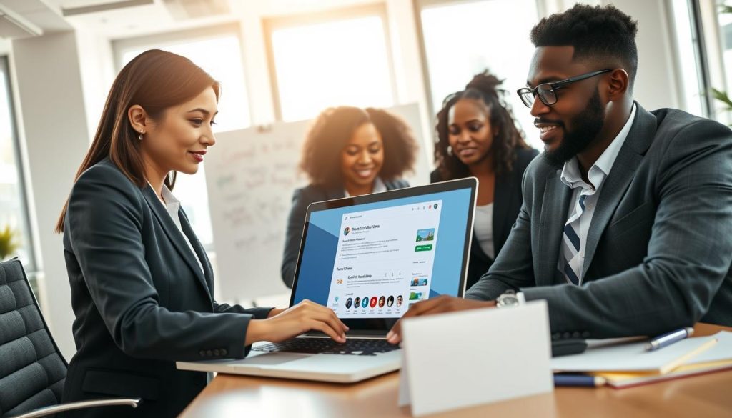 A professional and dynamic office environment showcasing a diverse group of business professionals collaborating on optimizing a Google Business Profile. In the foreground, two individuals, one Asian woman in formal attire and one Black man in smart casual wear, are intently discussing a laptop displaying a vibrant Google Business Profile interface. In the middle ground, a whiteboard filled with notes and ideas about business descriptions reflects the topic being addressed. The background features a bright modern office with windows allowing natural light to flood in, creating a warm and inviting atmosphere. The lens captures the scene from a slightly elevated angle, enhancing the sense of teamwork and productivity. The overall mood is one of focus and innovation, symbolizing the importance of optimizing business descriptions, with a subtle branded element, "North Layer," incorporated into the design of the laptop screen.