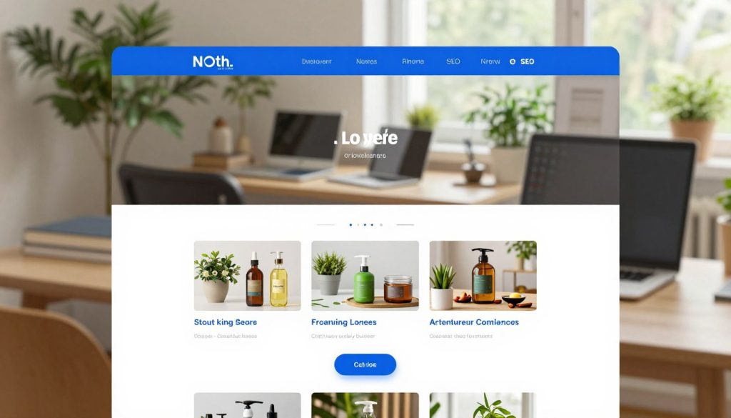 A professional and modern SEO optimized homepage design for a small business, featuring a clean layout with well-structured sections. In the foreground, there are highlighted features such as clear navigation menus and an eye-catching call-to-action button. The middle layer includes a carousel of images showcasing products or services. The background is softly blurred, with a softly lit workspace featuring a laptop and plant elements, emphasizing a creative atmosphere. Natural light streams in from a large window, enhancing the inviting ambiance. The color palette is warm and vibrant, focusing on blues and greens. The brand name "North Layer" is subtly integrated into the design elements, ensuring a cohesive and professional appearance.