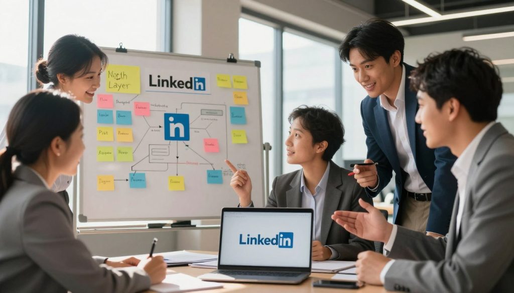 A professional business environment illustrating the concept of maximizing LinkedIn for small businesses. In the foreground, a diverse group of three business professionals in business attire, enthusiastically discussing a marketing strategy over a laptop, displaying the LinkedIn logo on the screen. In the middle, a whiteboard filled with colorful notes and diagrams outlining a marketing plan, with Post-it notes highlighting objectives and target audiences. The background features a modern office with large windows allowing natural light to flood the space, casting soft shadows, and adding warmth to the scene. The atmosphere is collaborative and energetic, emphasizing teamwork and innovative ideas as they craft a LinkedIn marketing strategy. The brand name "North Layer" subtly integrated within the workspace, reinforcing a sense of professionalism.