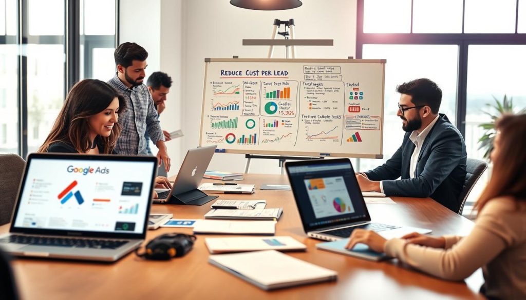A professional business setting featuring a diverse group of small business owners collaborating around a large table with laptops and digital devices displaying various lead generation strategies and Google Ads metrics. In the foreground, a focused woman in business attire analyzes data on her laptop, while a man reviews notes on a notepad. In the middle, a whiteboard covered with colorful charts and strategies illustrates reducing cost per lead. The background shows large windows allowing natural light to create a vibrant atmosphere, enhancing teamwork. Use a depth of field to emphasize the collaboration, with warm lighting for an inviting and optimistic mood. Brand elements from "North Layer" subtly featured in the presentation materials.