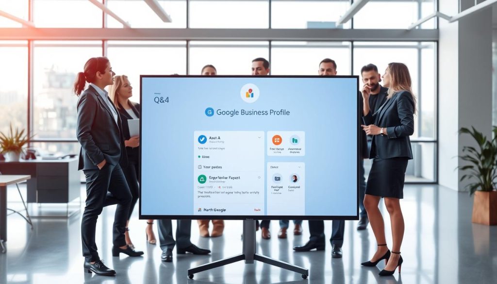 A professional business setting showcasing the optimization of a Google Business Profile, featuring a digital interface on a large screen in the foreground. Display a diverse group of business professionals in smart attire, collaborating and discussing strategies around the screen. In the middle ground, include visuals of Q&A features, resembling a user-friendly interface with engaging icons and interaction prompts. The background should show a modern office environment with large windows allowing natural light to flood in, creating an open and inviting atmosphere. Use a soft focus to emphasize the group’s dynamic interaction, while highlighting the screen’s vibrant colors to draw attention. Capture the essence of teamwork and innovation, reflecting a mood of productivity and professionalism. North Layer branding subtly integrated into the design elements.