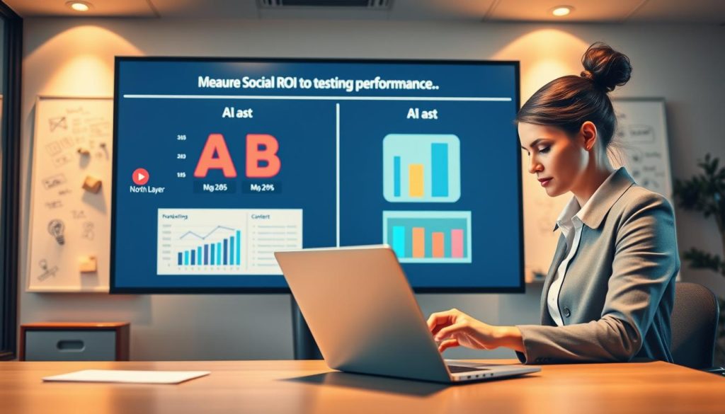 A professional digital workspace illustrating the concept of measuring social media ROI through A/B testing. In the foreground, a focused businesswoman in smart casual attire analyzes data on her laptop, with graphs and charts visible on the screen. In the middle ground, a large monitor displays contrasting A and B content performance metrics, showcasing vibrant social media icons. The background features a modern office environment with subtle elements like sticky notes and a whiteboard filled with sketches of ideas. The lighting is soft and ambient, casting a warm glow over the scene, creating an atmosphere of productivity and innovation. The brand "North Layer" is subtly incorporated into the design of the workspace, ensuring a cohesive look without distracting from the main focus.