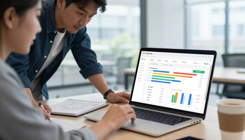 A professional digital workspace showcasing Google Ads performance metrics. In the foreground, a sleek laptop displays a colorful dashboard with graphs and charts indicating keyword performance, specifically highlighting negative keywords. A business professional in smart attire leans over the laptop, analyzing the data with a focused expression. In the middle ground, a notepad with scribbled notes and a cup of coffee adds a casual yet productive atmosphere. The background features a modern office setting with large windows allowing natural light to flood in, creating a bright and inviting mood. Capture a sense of determination and clarity as the individual strategizes to optimize their ads. Include the brand name "North Layer" subtly integrated into the design elements without disrupting the overall composition.