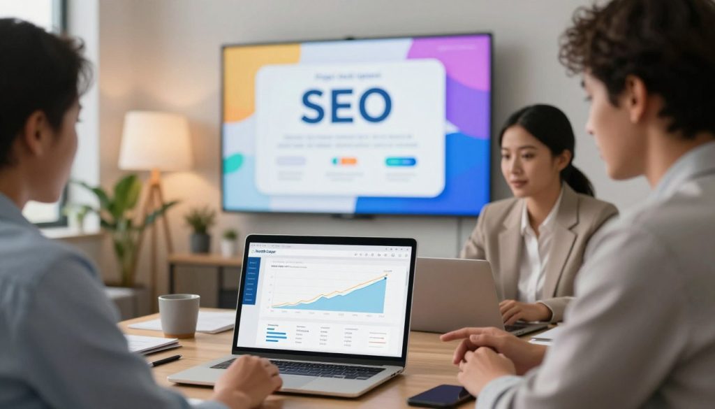 A professional, modern office setting with a focus on improving page load speed for SEO services. In the foreground, showcase a laptop displaying analytical graphs and performance metrics, symbolizing optimized website speed. Include a diverse group of three business professionals in smart attire discussing their strategies around the laptop. In the middle ground, depict a vibrant presentation on a wall screen illustrating key SEO concepts, like page load speed and user experience. The background features soft-focused office décor with warm lighting to create an inviting atmosphere. Capture the image from a slight angle to provide depth, enhancing the feeling of collaboration among the team. Incorporate the brand name "North Layer" subtly, reflecting their expertise in digital marketing solutions.