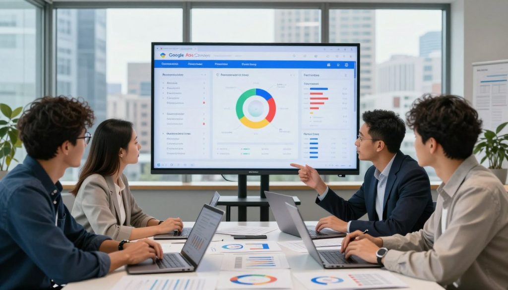 A professional office environment depicting a focused team meeting on optimizing Google Ads campaigns. In the foreground, a diverse group of three individuals—two men and one woman—are intently discussing strategies around a large table cluttered with laptops, charts, and graphs. The middle ground features a large digital screen displaying data analytics and remarketing metrics, emphasizing clarity and engagement. The background includes glass windows showing a bustling city skyline, allowing natural light to fill the space, creating a bright and energetic atmosphere. Utilize a wide-angle lens to capture the dynamic interactions, and ensure the lighting highlights the participants' expressions of determination and collaboration. The scene should convey professionalism and focus on growth strategies, branded subtly with "North Layer."