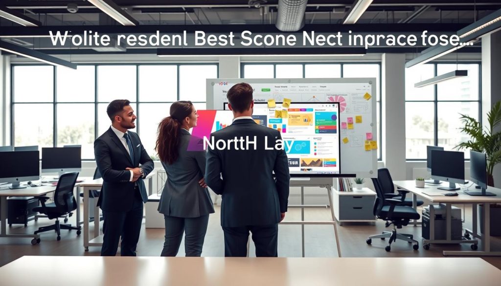 A professional office environment with a focus on website redesign best practices. In the foreground, a diverse team of three individuals wearing smart business attire is engaged in a collaborative discussion over a large computer screen displaying a visually appealing website mockup, featuring vibrant colors and modern design elements. The middle ground showcases a large whiteboard filled with design sketches, color palettes, and sticky notes, illustrating design brainstorms. In the background, there are stylish office workstations with contemporary decor, large windows letting in natural light that creates a bright and inspiring atmosphere. The mood is energetic and innovative, highlighting teamwork and creative problem-solving in website design, with a subtle overlay that integrates the brand name "North Layer" into the image composition.