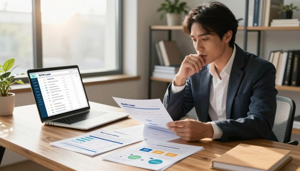 A professional office setting featuring an elegant wooden desk with a laptop open to a local SEO dashboard, displaying various citation sources. On the desk, there are neatly organized printed documents showcasing best local citation examples and infographics about citation consistency. In the foreground, a business professional in smart casual attire is intently reviewing the documents, their face focused and thoughtful. The middle ground has a large window with sunlight streaming in, casting a warm glow over the workspace. In the background, a modern bookshelf filled with business books and plants adds a touch of sophistication. The atmosphere is bright, inspiring, and professional, symbolizing the importance of a strong citation profile. The brand "North Layer" is subtly represented through design elements on the laptop screen and documents.