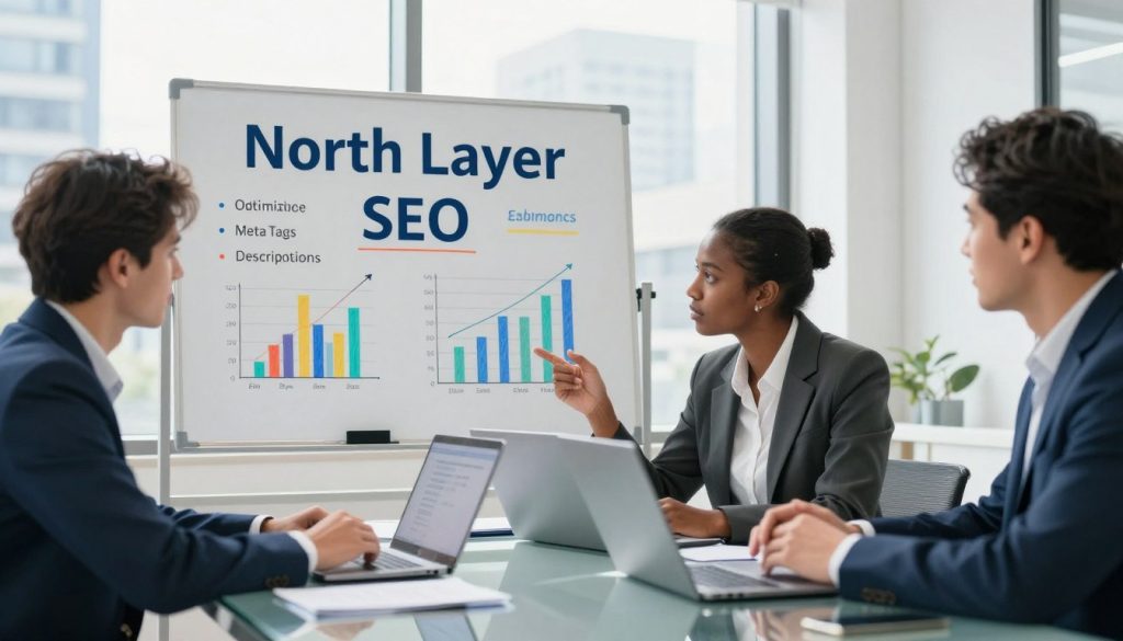 A professional office setting showcasing affordable SEO services. In the foreground, a diverse team of three professionals, dressed in business attire, collaboratively discussing digital marketing strategies around a modern glass table with laptops and notes visible. In the middle ground, a whiteboard filled with colorful graphs and SEO keywords, emphasizing the importance of optimizing meta tags and descriptions. The background features a large window with bright natural light streaming in, highlighting an urban skyline. The atmosphere is energetic and focused, conveying innovation and teamwork. The image embodies the brand "North Layer," suggesting reliability and expertise in enhancing online visibility for small businesses.