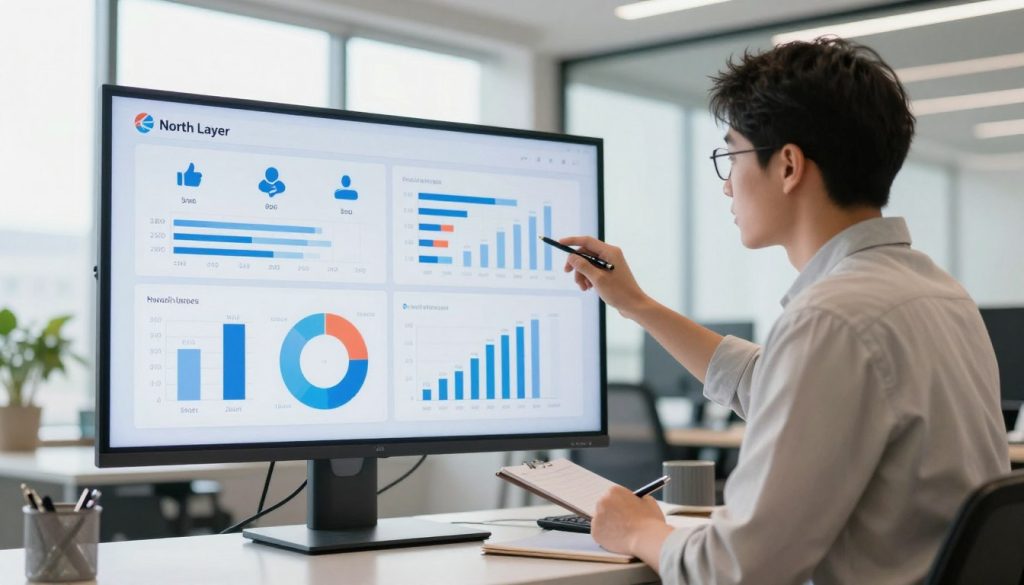 A professional office setting with a business analyst reviewing social media content on a large screen, conveying a sense of evaluation and analysis. In the foreground, a focused individual in smart casual attire, analyzing graphs and metrics related to social media performance, with a notepad and pen in hand. In the middle, a digital display features charts and icons representing different social media platforms, such as likes, shares, and comments. The background features a sleek, modern office space with bright, natural lighting filtering through large windows, casting soft shadows. The atmosphere is analytical and insightful, with a sense of productivity and intention. Include elements symbolizing "North Layer," such as a logo subtly incorporated into the workspace design. The overall mood is professional and forward-thinking.