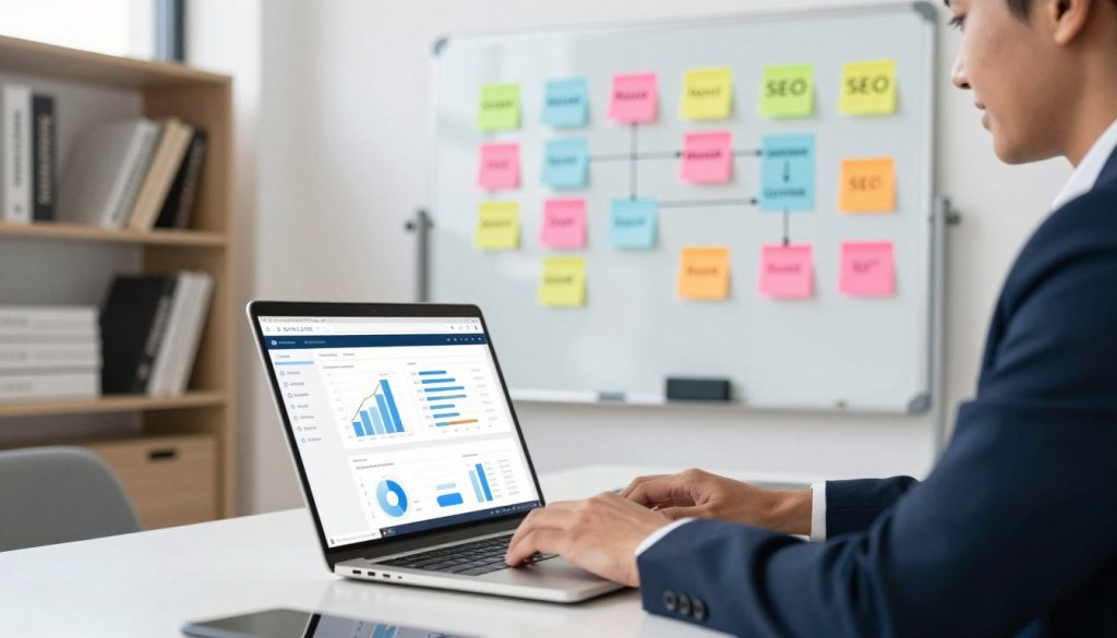 A professional setting showcasing on-page SEO strategies, featuring a clean, modern workspace. In the foreground, a laptop displays intricate graphs and analytics related to website performance, while hands type on the keyboard, showcasing a diverse professional person in smart business attire. In the middle, there’s a whiteboard filled with colorful sticky notes, each representing different SEO elements such as keywords, meta tags, and content structure. The background has a sleek bookshelf with books on digital marketing and SEO, illuminated by natural light streaming through large windows, creating an inspiring atmosphere. The mood is focused and productive, emphasizing the importance of on-page optimization. The brand name "North Layer" subtly integrated into the scene.