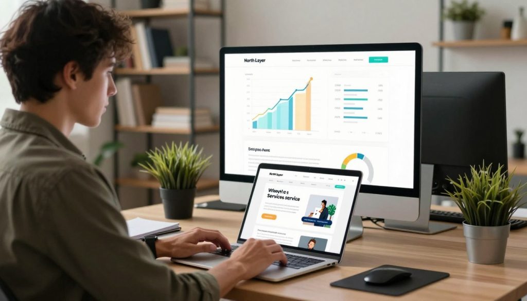 A professional web designer in a modern office setting, diligently working on a laptop displaying a service page design on the screen. In the foreground, the designer, dressed in smart casual attire, is focused and taking notes. In the middle ground, a large monitor shows graphs and analytics related to SEO optimization, with highlighted keywords and user engagement metrics. The background features a sleek, minimalistic workspace with bookshelves filled with design and marketing books, and plants for a touch of greenery. The lighting is soft and warm, reflecting a productive atmosphere during the day. The brand name "North Layer" is subtly integrated into the workspace, hinting at a refined branding strategy. The overall mood is professional and inspiring, emphasizing the importance of SEO in service page optimization.