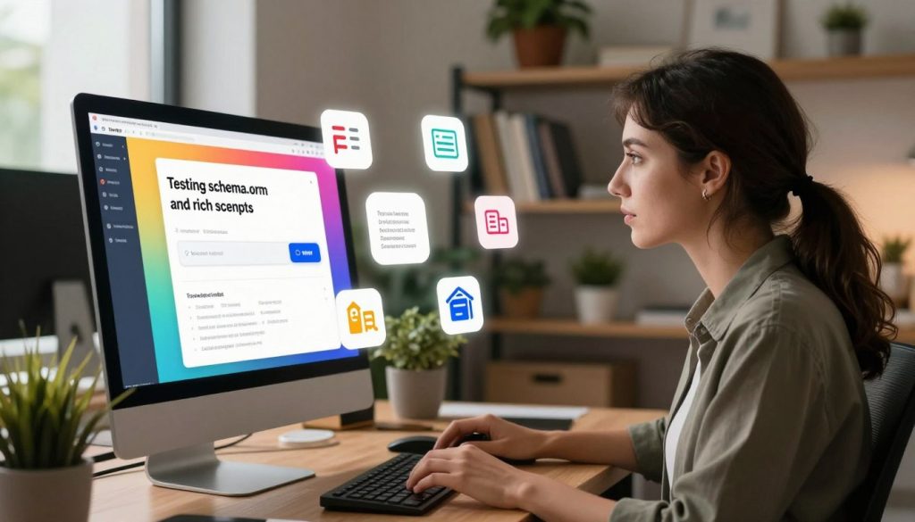A professional workspace depicting a computer screen showcasing a vibrant, colorful interface of "Testing schema.org and rich snippets" tools. In the foreground, a focused female web developer, dressed in smart casual attire, examines the screen intently, her hands poised over a keyboard. In the middle, various icons representing structured data types like reviews, articles, and products float around the screen, illuminated by a soft, warm light. The background features a well-lit office with potted plants and shelves filled with books on digital marketing and SEO strategies. The overall mood is one of concentration and innovation, reflecting a modern tech-savvy atmosphere suitable for small businesses. The brand “North Layer” is subtly integrated into the design elements around the workspace, enhancing the theme of professional development and search visibility.