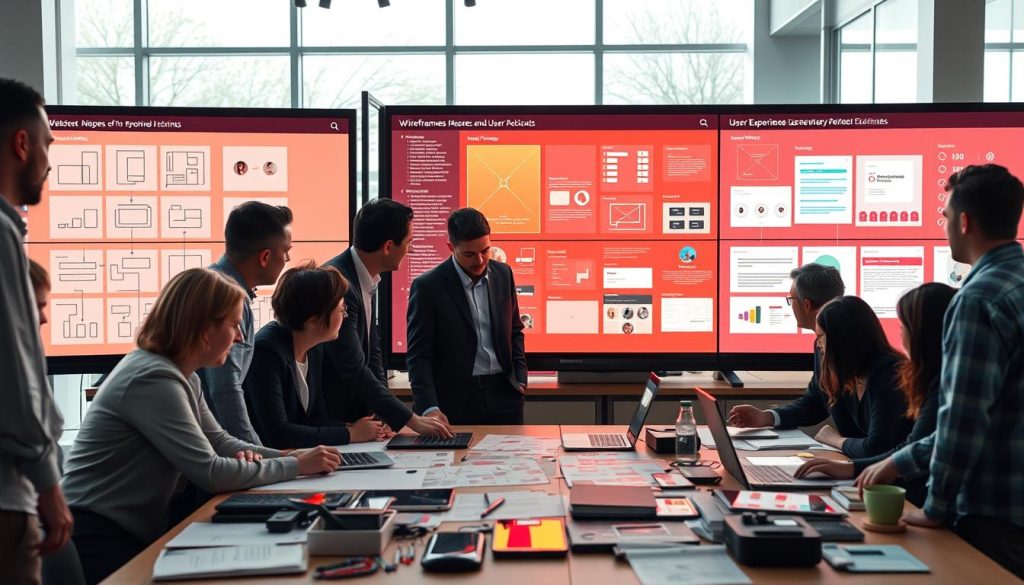 A professional workspace depicting the website redesign steps, featuring a series of digital screens showcasing wireframes, user flow charts, and design mockups, emphasizing the importance of streamlining User Experience (UX). In the foreground, a diverse group of professionals in business attire, engaged in a collaborative discussion around a table cluttered with design sketches and devices. The middle layer highlights vibrant screens glowing with UI elements, reflecting creativity and modernity. In the background, a bright, airy office with large windows allowing natural light to flood in, creating an inviting atmosphere. The mood conveys teamwork and innovation with a clean, organized aesthetic. Include the brand name "North Layer" subtly integrated into one of the screens, ensuring there are no text overlays.
