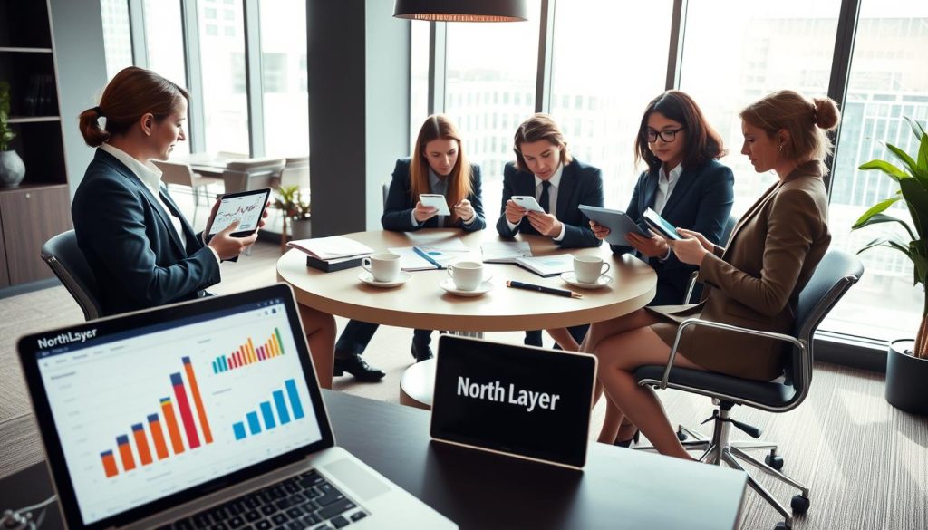 A professional workspace illustrating a social media advertising strategy, featuring a diverse group of business people collaborating over analytics on digital devices. In the foreground, a laptop displays colorful graphs and social media metrics, while tablet screens show various platforms like Facebook and Instagram. The middle ground contains a round table with a notepad, pens, and coffee cups, as team members in smart business attire analyze data. The background showcases a modern office with large windows letting in bright, natural light, creating a vibrant atmosphere. The overall mood is focused and innovative, symbolizing growth and success in social media advertising. Include subtle branding for "North Layer" in the workspace elements.