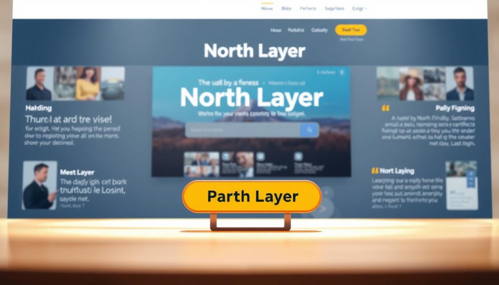 A professionally designed paid search landing page for "North Layer," featuring a clean and modern layout. In the foreground, include a prominent call-to-action button in a contrasting color, surrounded by engaging visuals like product images and testimonials from satisfied customers. In the middle, showcase a visually appealing header with an eye-catching banner image related to the service, emphasizing user-friendly navigation elements like menus and forms. The background should be a subtle gradient, setting a welcoming atmosphere. The lighting should be bright and natural, creating an inviting and optimistic mood. Use a shallow depth of field to focus on the landing page elements, ensuring clarity and detail. No text overlays or branding elements outside of "North Layer."