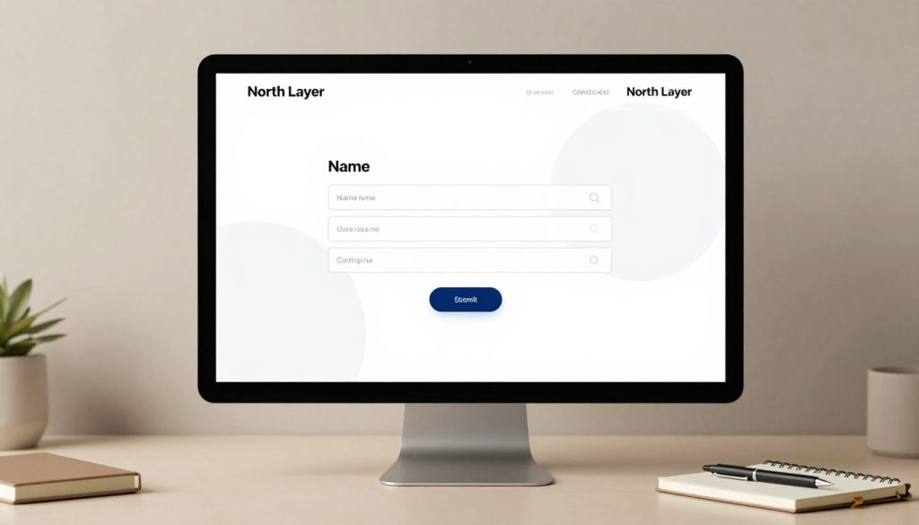 A sleek and modern online contact form interface designed for a website, showcasing fields for name, email, message, and a submit button, all on a minimalist background. In the foreground, a computer screen displays the contact form with a clean layout, highlighting user-friendly design elements that enhance accessibility for visitors. In the middle ground, soft lighting creates a welcoming atmosphere, while a stylish desk or workspace setup frames the scene, featuring a notepad and a pen to suggest a professional environment. The background includes subtle abstract shapes that symbolize integration with other digital tools, conveying a sense of connectivity and efficiency. The overall mood is inviting and professional, capturing a modern aesthetic aligned with the "North Layer" brand.