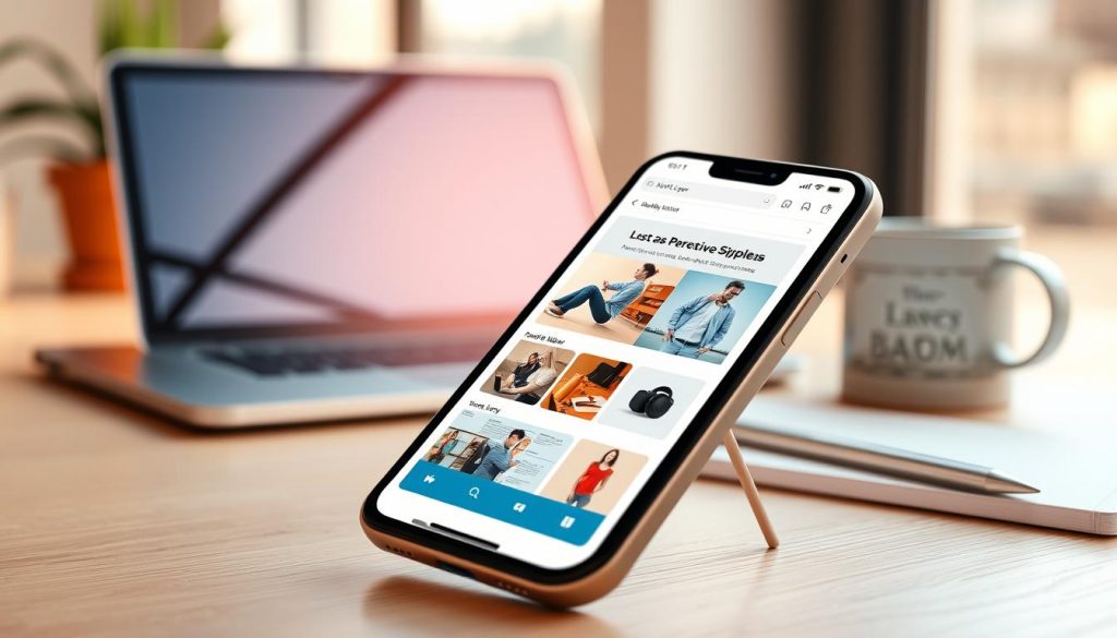 A sleek mobile ads landing page design for "North Layer" displayed prominently on a modern smartphone, set against a clean and minimalist desktop environment. The foreground features the smartphone, highlighting a vibrant, user-friendly interface with clear call-to-action buttons, enticing visuals, and engaging product images. In the middle, the background includes a soft-focused workspace with a laptop, notepad, and a cup of coffee, suggesting a productive setting. Warm, natural lighting floods the scene, creating an inviting atmosphere. The angle is slightly tilted to emphasize the smartphone's screen, showcasing its usability and optimization for mobile browsing. The overall mood is professional yet approachable, perfect for illustrating the concept of mobile optimization in paid advertising campaigns.