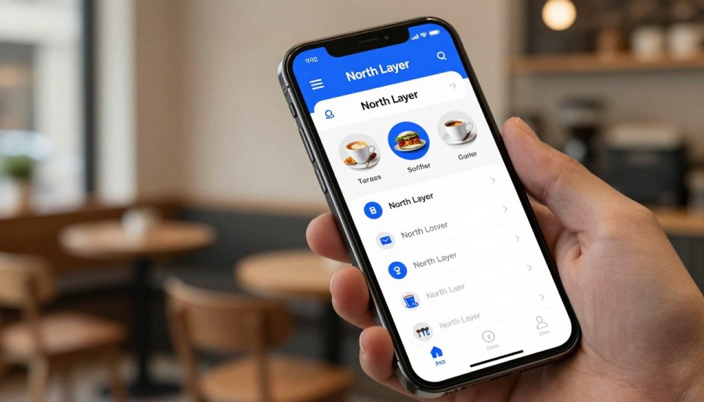 A sleek mobile website navigation interface displayed on a modern smartphone held in a person's hand, featuring a minimalistic design with an intuitive menu layout. The foreground focuses on the phone, showcasing vibrant icons and easily readable text in a professional blue and white color scheme associated with the brand "North Layer". In the middle ground, a blurred background of a stylish coffee shop interior adds context, hinting at a casual but professional environment. Soft, natural lighting creates a warm and inviting atmosphere, inviting users to explore the navigation. The angle captures the phone at a slight tilt to emphasize usability, enhancing the focus on navigation features.