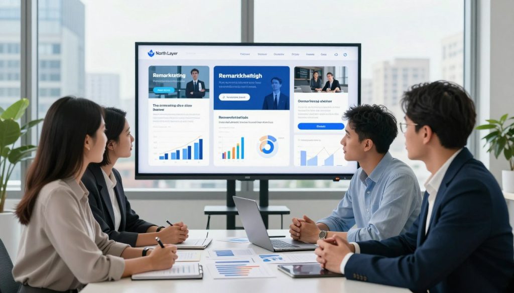 A sleek, modern office environment, conveying a sense of professionalism and strategy. In the foreground, a diverse group of three business professionals—one woman and two men—are engaged in a discussion around a table filled with graphs and charts representing remarketing strategies. They are dressed in smart casual attire, showcasing confidence and collaboration. In the middle ground, a large digital screen displays various remarketing ad examples, illustrating creative approaches without overwhelming the viewer. The background features a stylish cityscape visible through large windows, symbolizing growth and opportunity. Bright, natural lighting pours in, creating an inviting and productive atmosphere. The overall mood is focused yet relaxed, embodying a balance between effective marketing and customer consideration. Include subtle branding elements of "North Layer" to enhance the visual connection.