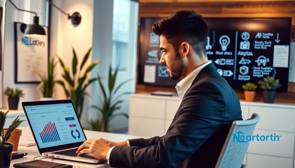 A sleek, modern office setting that symbolizes website maintenance costs for small businesses. In the foreground, a well-dressed professional, wearing smart casual attire, is seated at a desk, focused on a laptop displaying graphs and analytics related to website performance. In the middle ground, a large digital screen showcases various icons representing website updates, security checks, and technical support. The background features a tasteful office décor with potted plants and a whiteboard filled with strategic notes. Soft, ambient lighting illuminates the room, creating a warm and productive atmosphere. Capture the essence of diligence and professionalism, emphasizing the importance of ongoing website maintenance. Include subtle branding elements of "North Layer" in the décor, enhancing the theme without overpowering the visual.